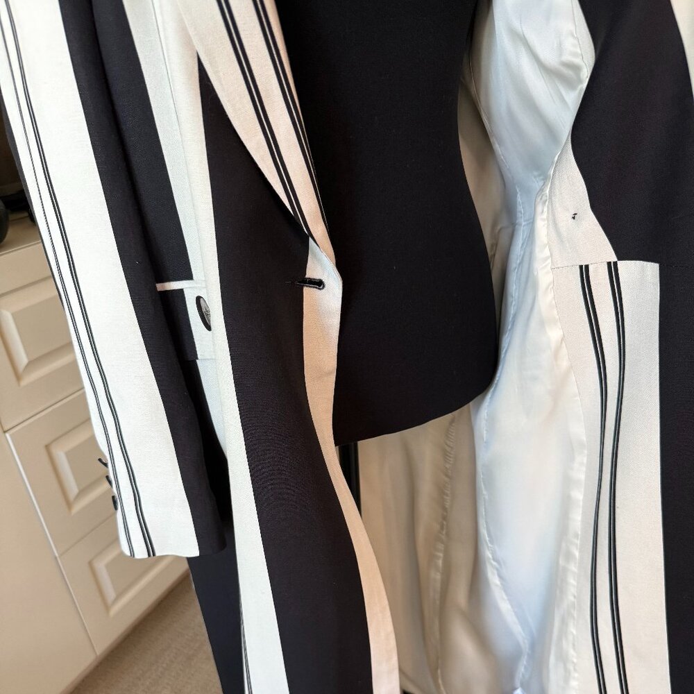 Zara Woman Black/Off White Striped Longline Blazer Coat Jacket Linen Blend - Picture 7 of 9